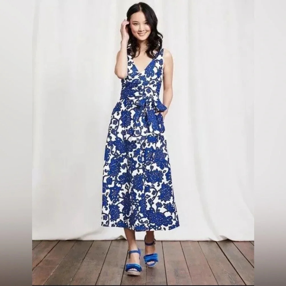 Boden Riviera Wrap Midi Dress Blue White Floral Linen Blend